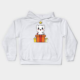 Cute Cat on Christmas gift looking at a star Kids Hoodie